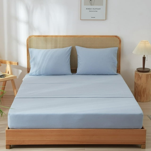 Washed Cotton Pieces Sheet Set Linen Feel Natural Wrinkle Breathable Lightweight (Queen Cream Grey)