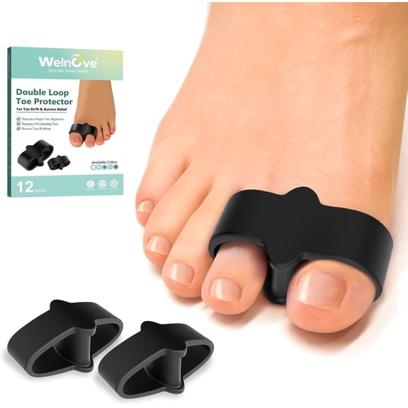 Welnove Bunion Corrector, Toe Separators with 2 Loops, Big Toe Spacer Suitable for Bunion and Overlap Toe (Pack of 12, Black)