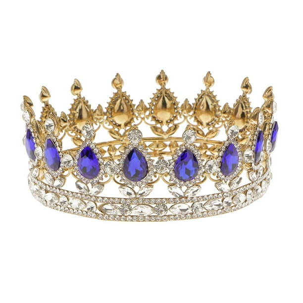 Tiaras de diamantes de imitación con corona de rey y reina, accesorios para el cabello chapados en oro, tocado Azul