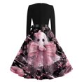 thumbnail image 6 of Women's Halloween Dress Witch Hat Bat Crew Neck Hepburn Cocktail Vintage Dress Long Sleeve 1950s Casual Cute Dresses with Belt M, 6 of 6