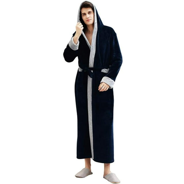 Artfasion Mens Long Bathrobe with Hood Warm Soft Shawl Collar Plush Spa Robe