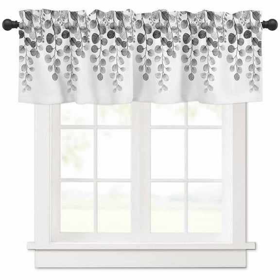 Hokiten Rod Pocket Curtain Valance, Gray Eucalyptus Leaves Farmhouse Window Valance for Living Room, Bedroom, Kitchen Watercolor Floral Leaf Plants 42"W x 12"L
