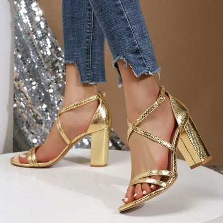 

FAKKDUK Gladiator Cutout Chunky High-Heeled Dress Sandals with Ankle Strap Ladies Shoes Parties Weddings and Formal Occasions Comfortable Sandals Slingback Great for Proms &Gold