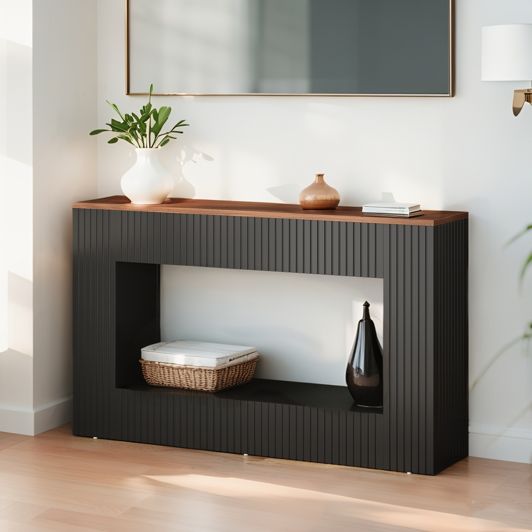 55" Wood Console Table with Storage, Modern Entryway Sofa Table for Living Room & Foyer, Black