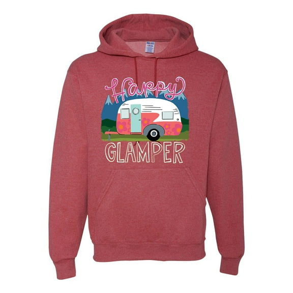 Happy Glamper | Fancy Camping Camper Van Caravan | Nature Lover Unisex Hoodie Sweatshirt, Vintage Heather Red, L