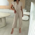 thumbnail image 4 of uublik One Piece Jumpsuits for Women Khaki Elegant Loose Short Sleeve Belted Wide Leg Romper V Neck Formal Overalls, 4 of 5