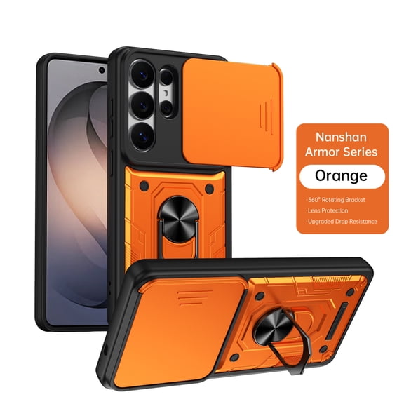 ELEHOLD Rugged Case for Samsung Galaxy S26 Ultra, Military Grade Shockproof Cover with 360 Ring Stand, Slide Lens Protector,Orange