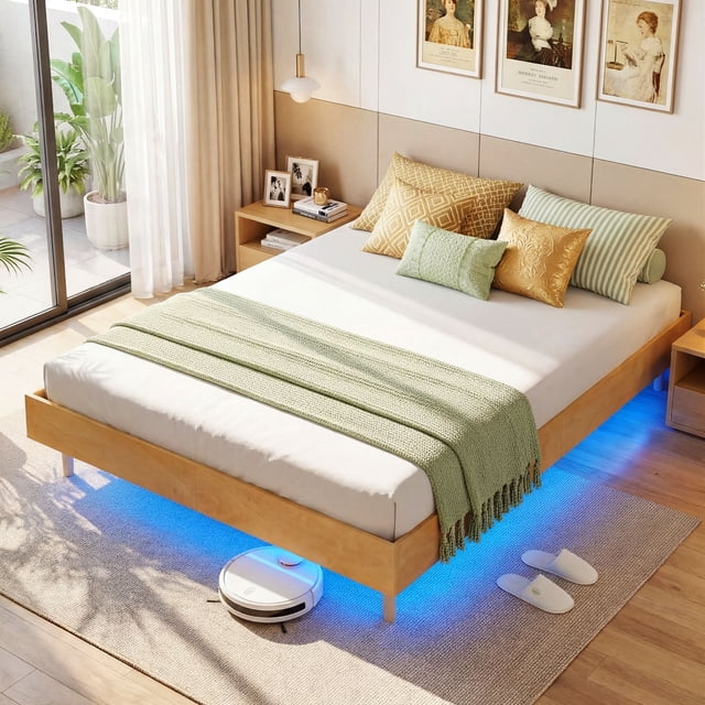 Costway Queen Size Floating Bed Frame with LED Lights, 12 Inch Modern Wood Platform Bed