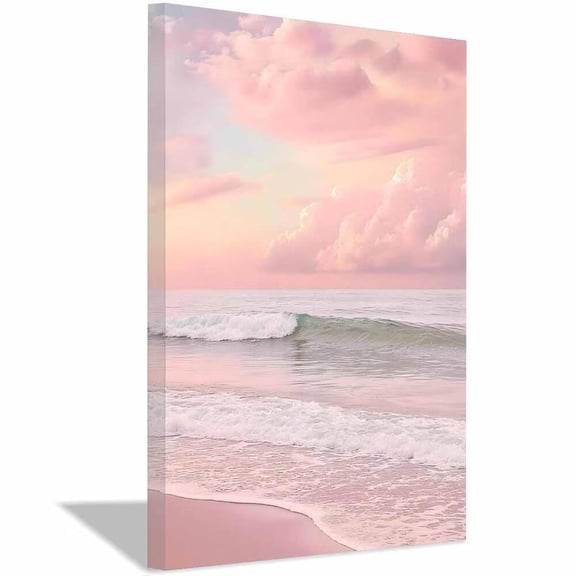 Soft Pink Pastel Beach Canvas Wall Art,Calm Ocean Prints Painting,Minimalist Aesthetic Decor for Living Room Bedroom Bathroom Home Decor,Framed Ready to Hang-12"L x 8"W