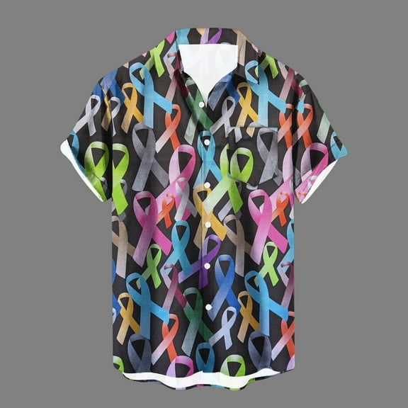 Njoeus White Blouse Mens Tops Breast Cancers Awareness Support Ribbon T-Shirt for Men Short Sleeve Button Up Blouse Tops Breast Cancers Shirts with Pocket Mens Muscle Tank Tops