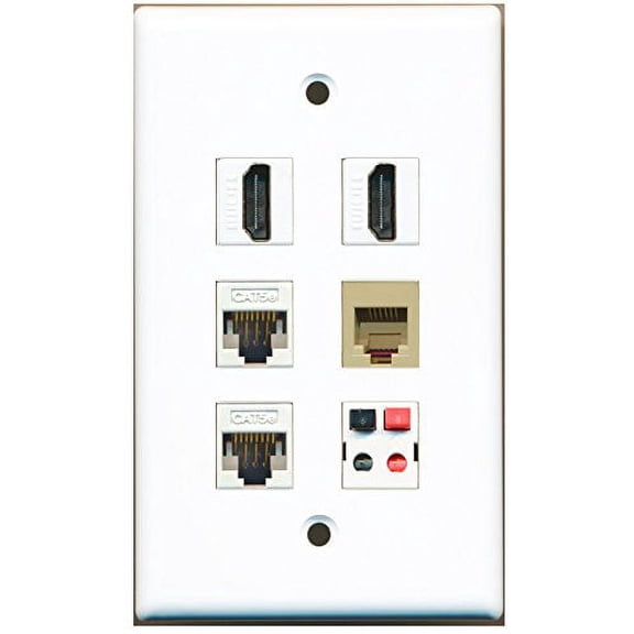 RiteAV - 2 HDMI 1 Port Phone RJ11 RJ12 Beige 2 Port Cat5e Ethernet White 1 Port Speaker Wall Plate
