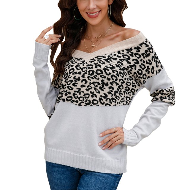 Suéter de punto con cuello en V y estampado de leopardo, manga larga, suéter informal de moda para mujer