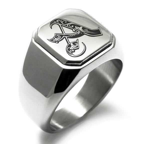 Tioneer Stainless Steel Letter A Initial Royal Monogram Engraved Square Flat Top Biker Style Polished Signet Ring