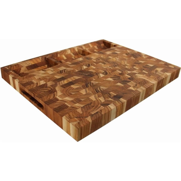 EcoDecors FSC Certified Solid Teak Wood Cutting Board 24x18, Large End Grain Butcher Block with Juice Groove, Side Handles, Charcuterie Slots, Reversible
