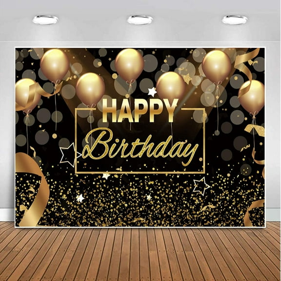 Happy Birthday Party Backdrop Banner for Men Women Black Gold Balloons Bokeh Spots Photography Background Baby Adult Birthday Cake Table Decoration Supplies Photo Booth Backdrops