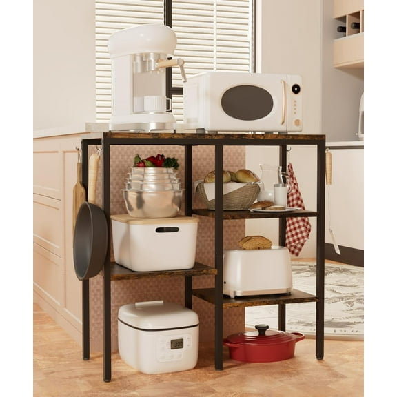 4-Tier Kitchen Microwave Oven Stand, Adjustable Coffee Bar Station for Small Appliance, Baker's Rack with 4 Hooks & 5 Storage Shelves, Utility Rack for Kitchen, Living Room, Office, Black