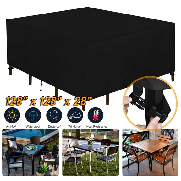 SHELTUSE Square Patio Table Cover - 128 L x 128 W x 28 H IN Waterproof Outdoor Patio Furniture Cover for Table, Chair and Sofa, Windproof & UV-Protection Patio Cover, Black