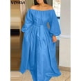 thumbnail image 2 of Plus Size VONDA 2024 Women Dress Autumn Long Maxi Sundress Casual Solid Elegant Off Shoulder Bohemian Party Vestido Belted, 2 of 5