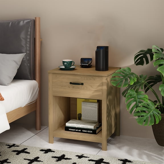Dtwnek Wood Nightstand with 1 Drawer and Open Shelf, Modern Bedside Table End Table for Bedroom, Living Room, Brown