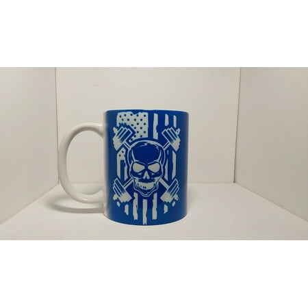 

Handmade Coffee Tea cup mug weight lifting fitness and love for America. Ceramic 12 oz mug with skull and weights and flag. Perfect gift for the fitness lifestyle (Royal Blue)