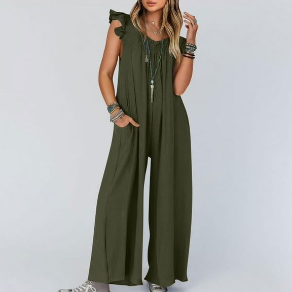 BRGZLK Jumpsuits for Women 2025 Summer Fashion Solid Casual V Neck Shirred Ruffle Sleeveless Belted High Waist Long Pants Rompers Army Green S