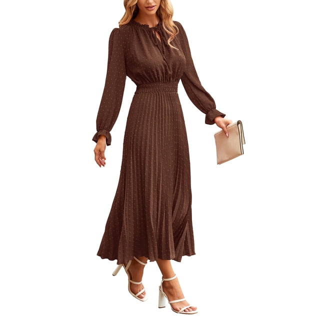Vestido PRETTYGARDEN de manga larga con cuello en V y diseño Swiss Dot midi XXL