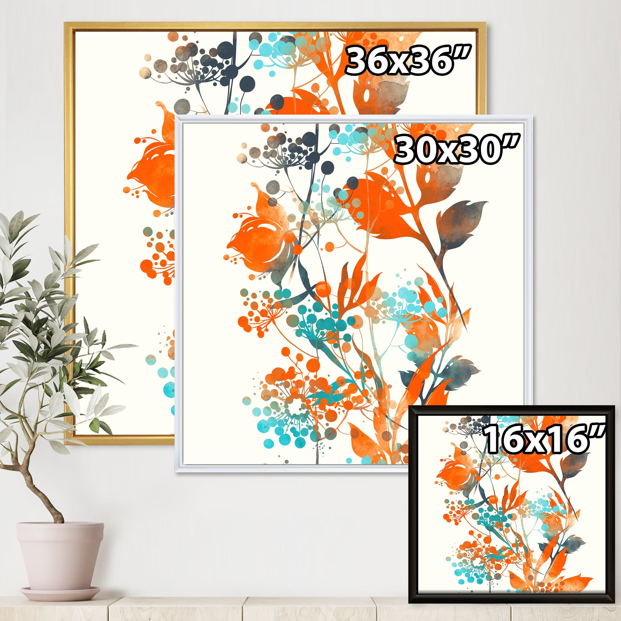 Orange and Green Wildflowers III 36 in x 36 in Framed Painting Canvas Art Print, by Designart