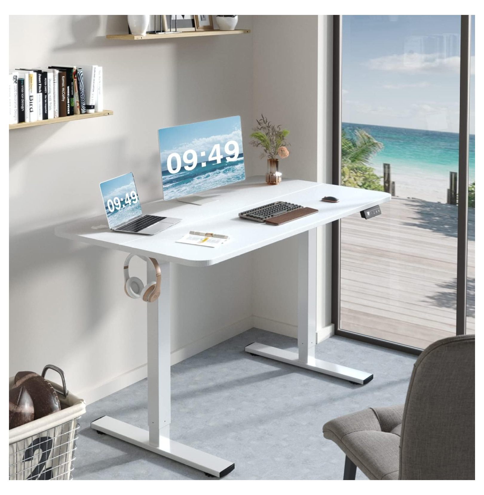 WDZS Electric Height Adjustable Standing Desk Large 48 x 24 Inches Sit Stand up Desk Home Office Computer Desk Memory Preset with T-Shaped Metal Bracket, White