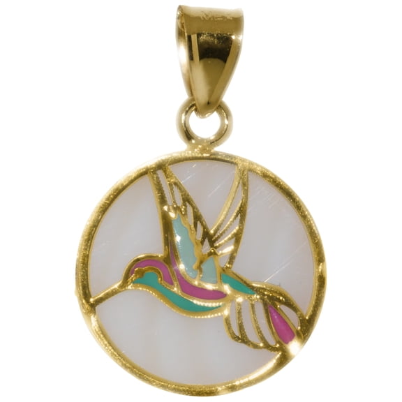 Precious Stars 14K Yellow Gold Mother of Pearl and Enamel Hummingbird Pendant - No Chain, Pendant Only