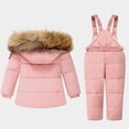thumbnail image 2 of LNMQLPDBS Baby Girls 2 Piece Snowsuit Set Toddler Warm Winter Ski Outfit Kids Hooded Puffer Jacket Newborn Fur Trim Coat Infant Waterproof Bib Pants Snow Wear with Adjustable Straps, 2 of 9
