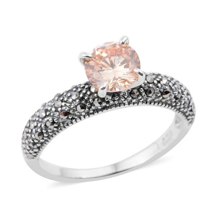 Sterling Silver Marcasite Filigree Ring - 925 Sterling Silver Round Cubic Zircon Champagne Marcasite Ring Size 7 Cttw 0.8