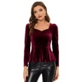 thumbnail image 1 of Blusa de terciopelo para mujer, elegante, con escote corazón, manga larga, top peplum borgoña XS, 1 of 5