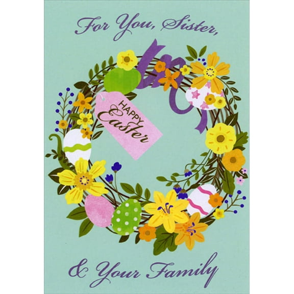 Designer Greetings Wreath of Flowers and Vines with Pink Tag Easter Card for Sister and Family