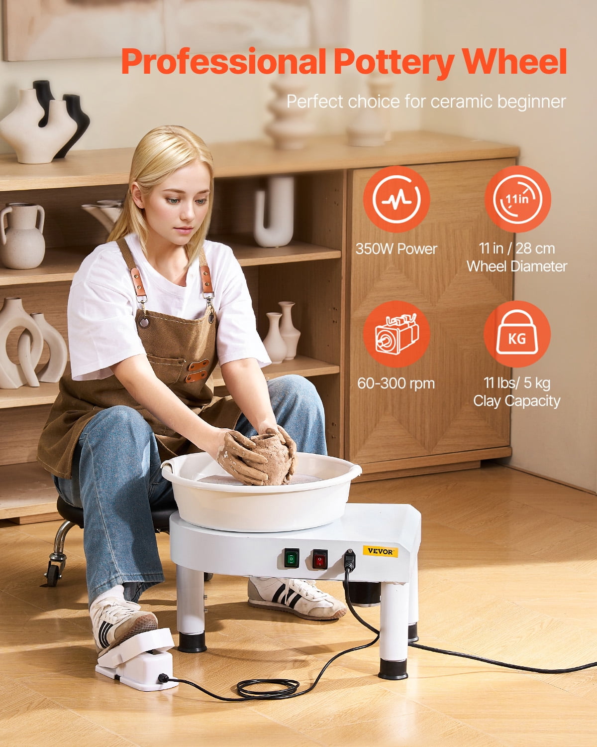 VEVOR Pottery Wheel, 11 in Ceramic Wheel Forming Machine, 60-300 RPM Adjustable Speed with Foot Pedal Control, Detachable Basin, Adjustable Lift Leg, Complete Accessories for Home Pottery, DIY, White