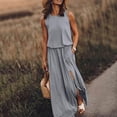 thumbnail image 2 of Women's Round Neck Sleeveless Dress Slit Solid Color Classic Plus Size Waist Casual Commuting Loose Long Skirts, 2 of 9