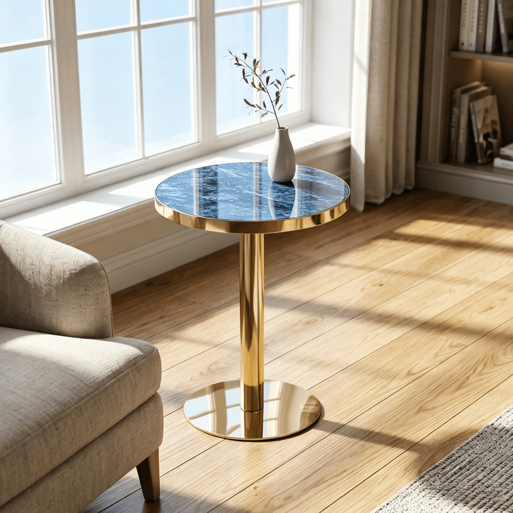23.6" Round MDF sprayed with UV paint countertop, marble texture, stainless steel edging, metal table legs, modern light luxury edge/coffee table.
