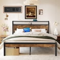 thumbnail image 3 of iRerts Full Platform Bed Frame with Storage, Metal Full Bed Frame with USB Ports, Storage Headboard, No Box Spring Needed, Industrial Bed Frame Full Size for Bedroom, Black Brown, 3 of 8