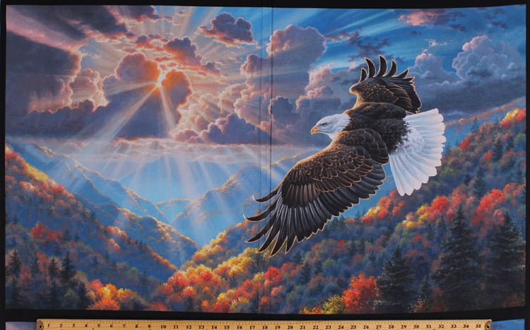 24.5" X 44" Panel Soaring Eagle Bald Eagle Sunset Mountains Hills Birds Nature Scenic Northwoods Landscape Patriots Patriotic Digital Cotton Fabric Panel (AQHD-17634-202-AMERICANA)