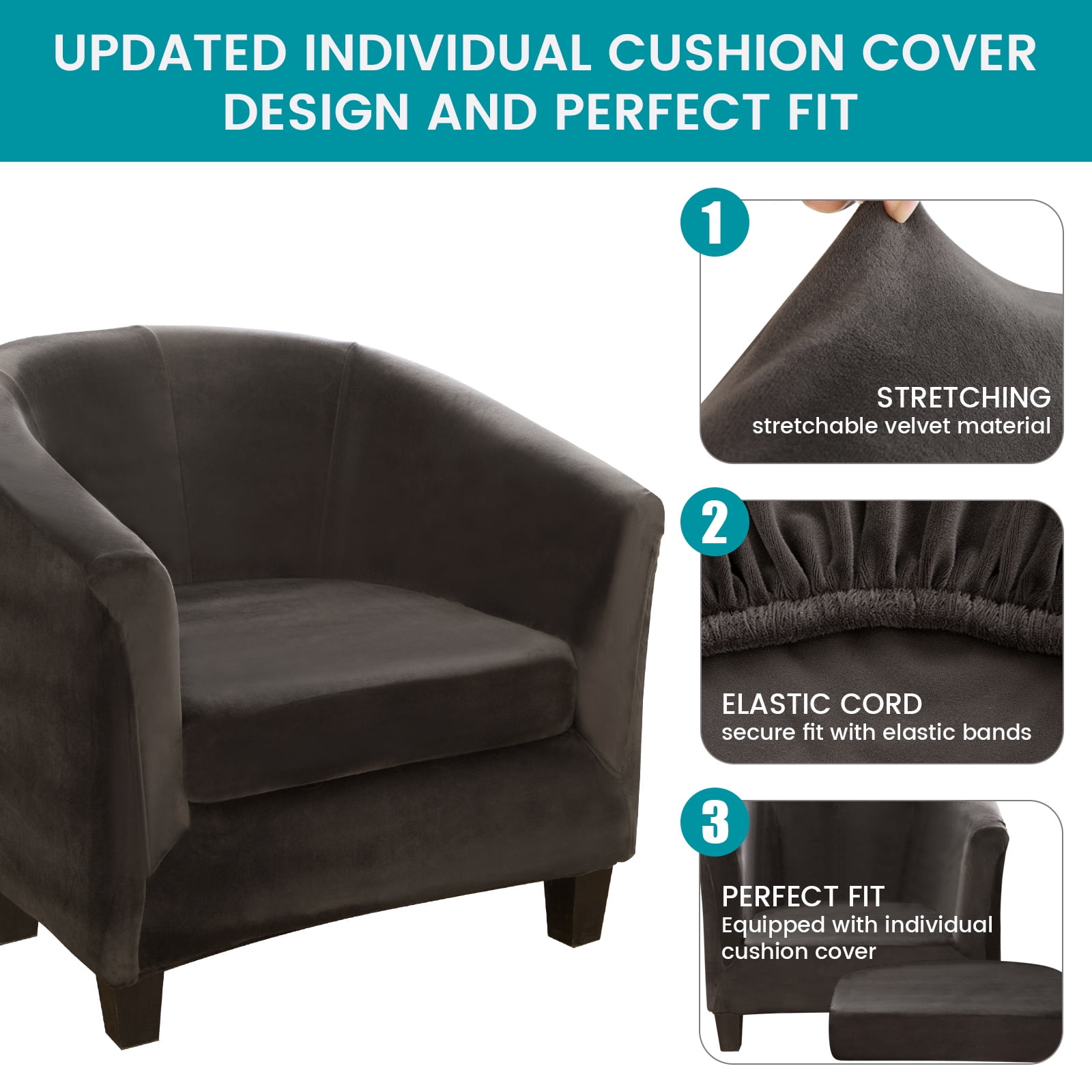 SHANNA Velvet Tub Chair Covers, 2 Pieces Stretch Modern Armchair Slipcovers Non Slip Sofa Couch Slipcover for Club Bar Counter Living Room Reception,With Separate Cushion Cover, Dark Gray, 1 Pack