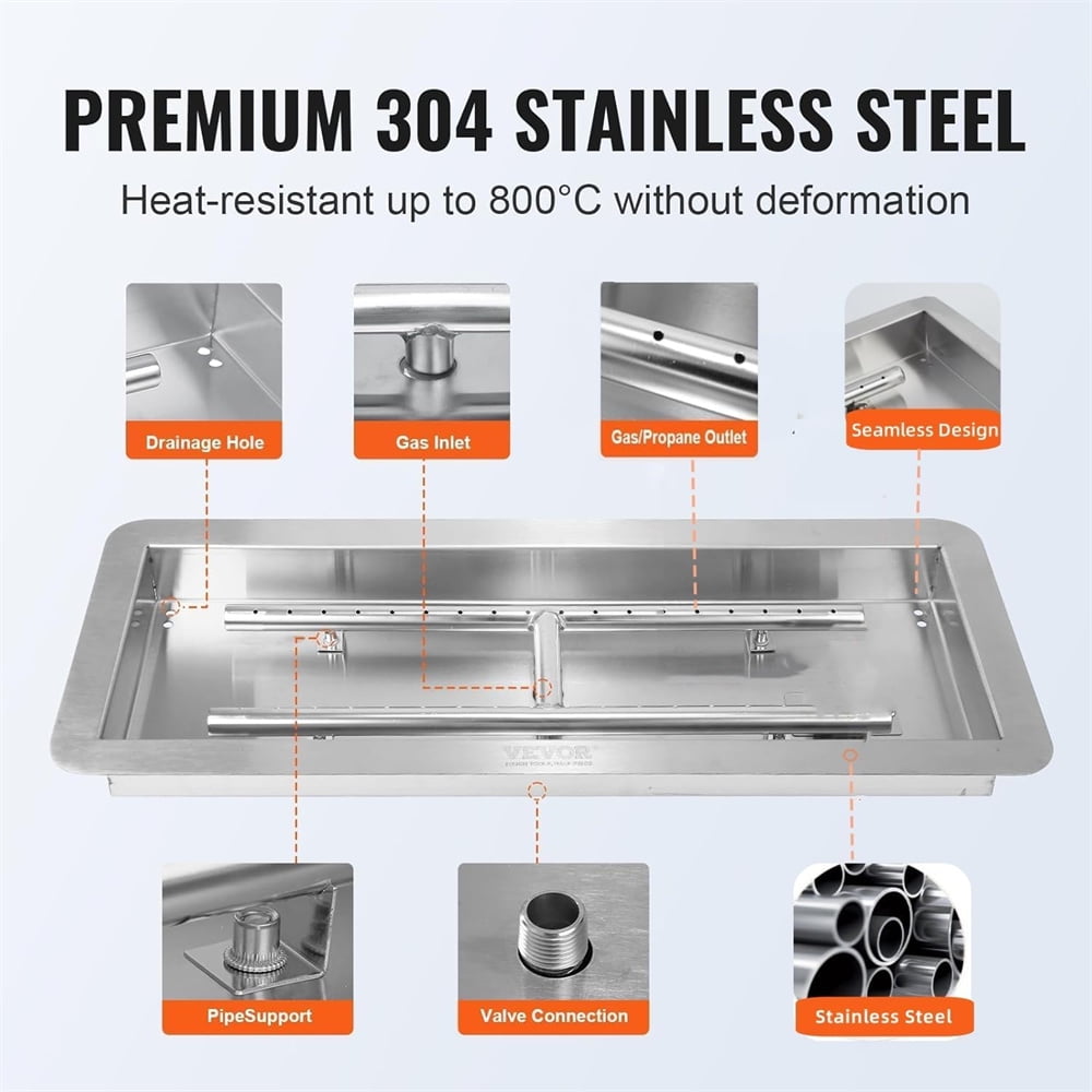 Stainless Steel Square Fire Pit Burner,  Drop In Fire Pit Burner Kit, Indoor/Outdoor Use, DIY Propane & Natural Gas Fire Pit Kit, Durable Fire Pit Pan Insert, Versatile Fire Pit Burner