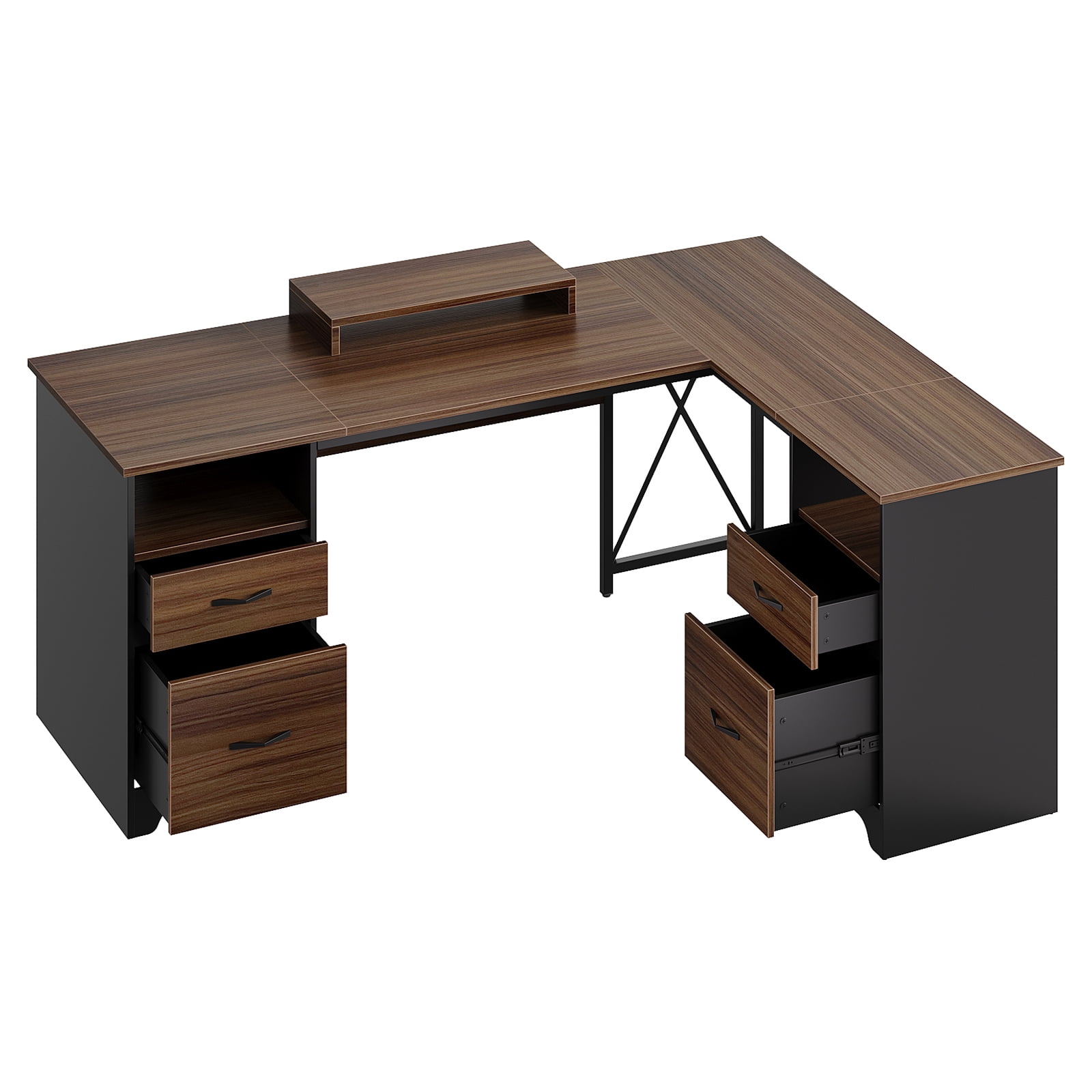 Bestier L Shaped Desk with 4 Drawers, 63" x 47" Executive Office Desk with Monitor Stand, Cherry