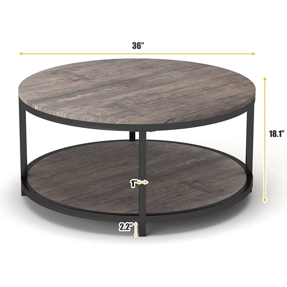 Round Coffee Table with Storage Shelf, 36 Inch Rustic Wood Desktop for Living Room, Modern Design Home Furniture (Light Walnut)