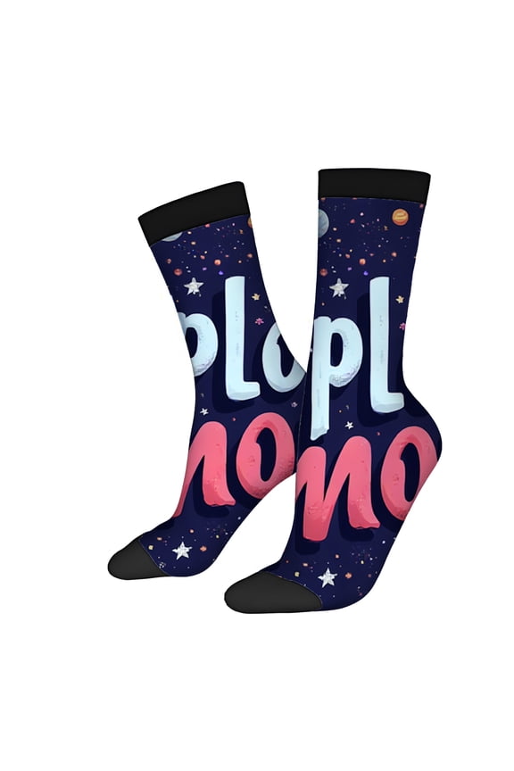 Four Seasons Universal Socks (2 Pairs) - Unisex Trendy Space-Themed Socks with Colorful ' X ' and ' M ' Design Dark Blue Background with Stars and Planets Mixed Colors Perfect for All Seasons