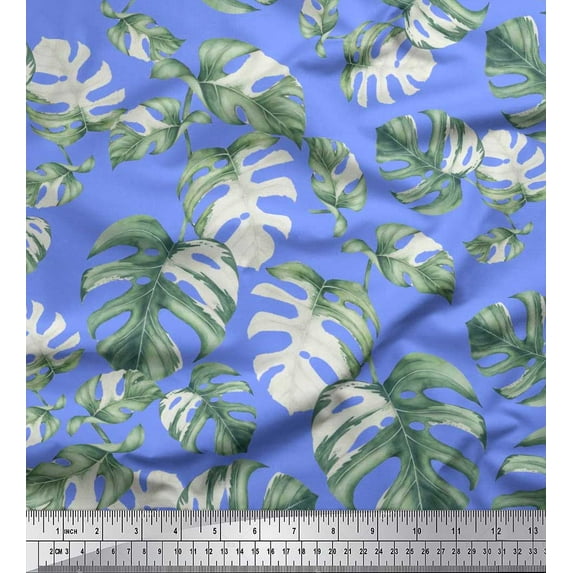 Soimoi Blue Georgette Viscose Fabric Monstera Leaves Print Fabric by Yard 42 Inch Wide
