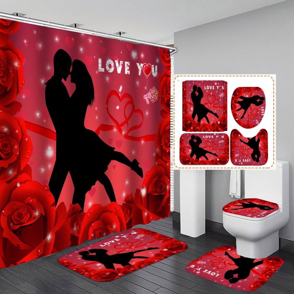 4pcs Set Shower Curtain Carpet Floor Mat Bathroom Toilet Pad Romantic Print 