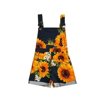 

jaweiw Children Sunflower Print Short Romper Girls Sleeveless Square Collar Jumpsuit with Pockets