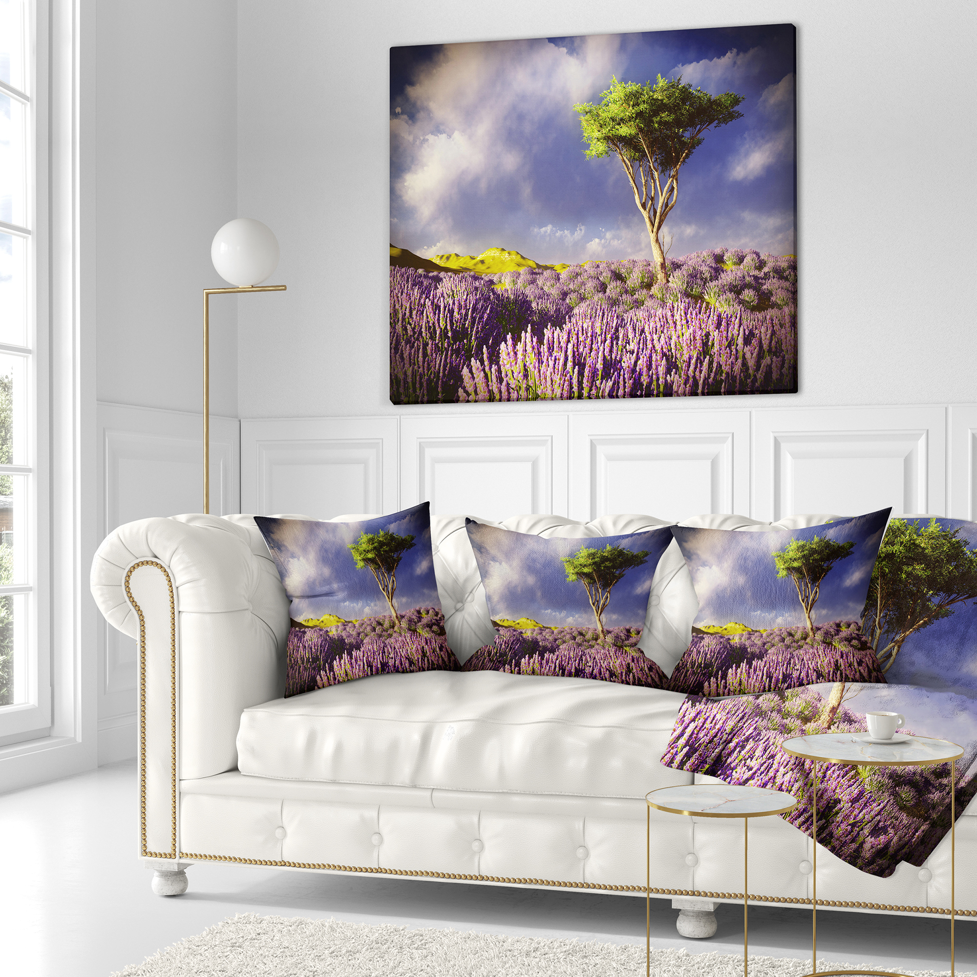 Designart Green Tree in Lavender Field - Modern Landscape Printed Throw Pillow - 16x16