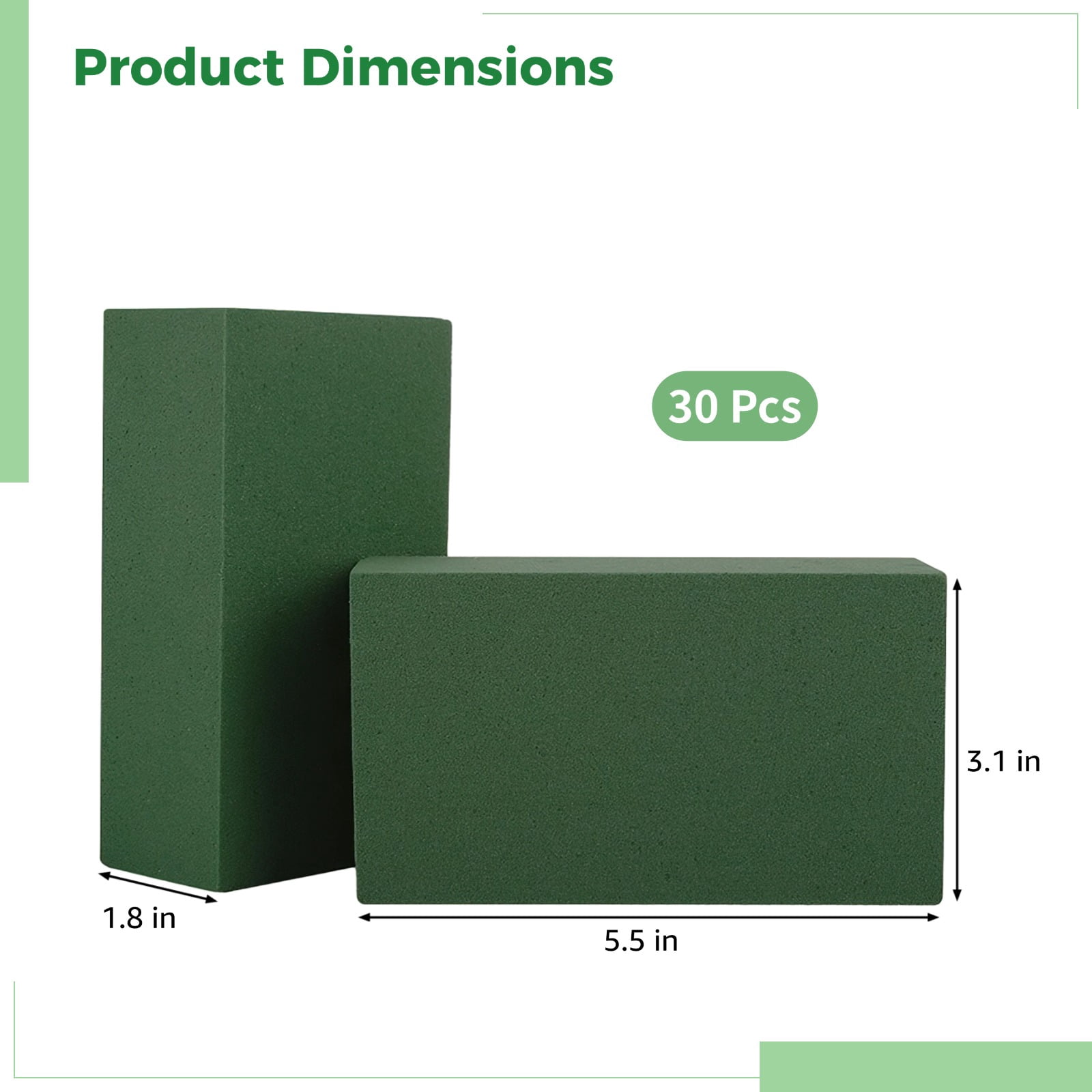 30 PCS Floral Foam Bricks - Wet & Dry Green Flower Arranging Foam for Fresh & Artificial Flowers, 5.5x3.1x1.8in Blocks for DIY Centerpieces, Crafts & Bouquets