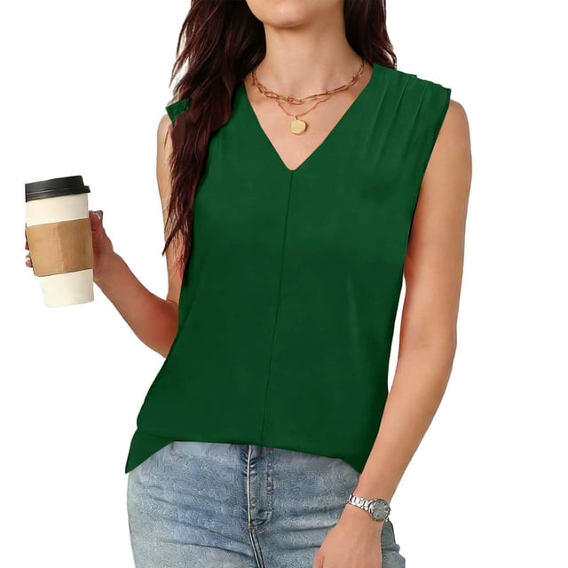 TaTaai Womens Casual Solid Color V Neck Sleeveless Ruched Tank Top Soft Breathable Polyester Comfortable Fashion Stylish Summer Daily All Occasion Wear Top Gift