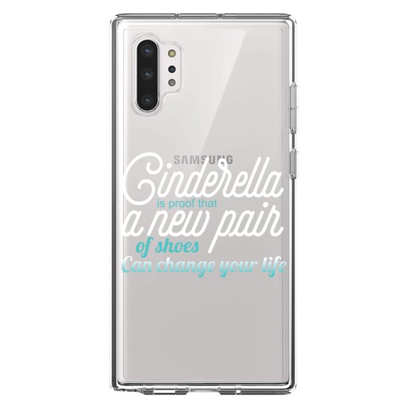 DistinctInk Clear Shockproof Hybrid Case for Galaxy Note 10 PLUS (6.8" Screen) - TPU Bumper Acrylic Back Tempered Glass Screen Protector - Cinderella New Pair of Shoes Can Change Your Life